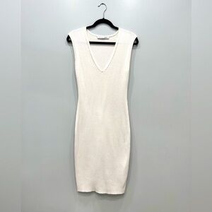 Trina Turk White Ribbed Knit V-Neck Midi Dress